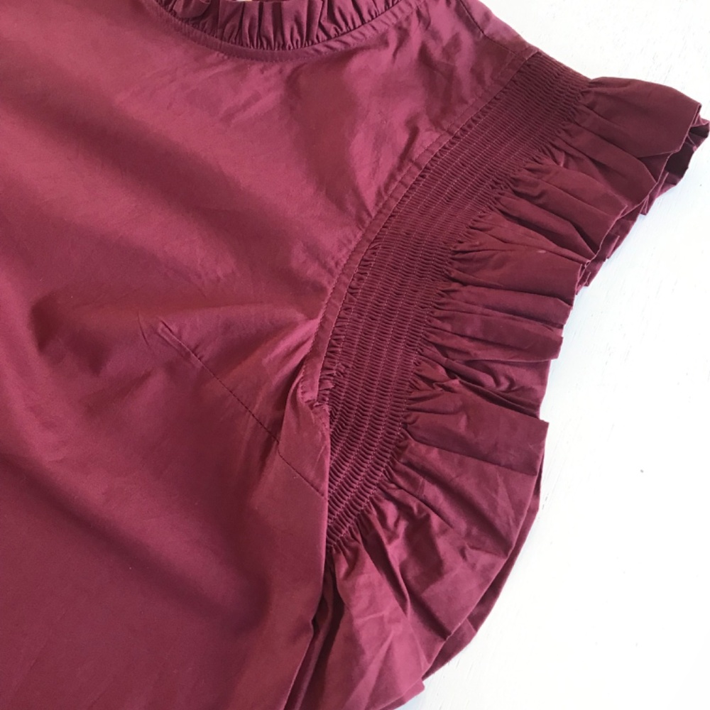 ENGLISH FACTORY BURGUNDY RUFFLE SLEEVE POPLIN TOP - Picture 5 of 12